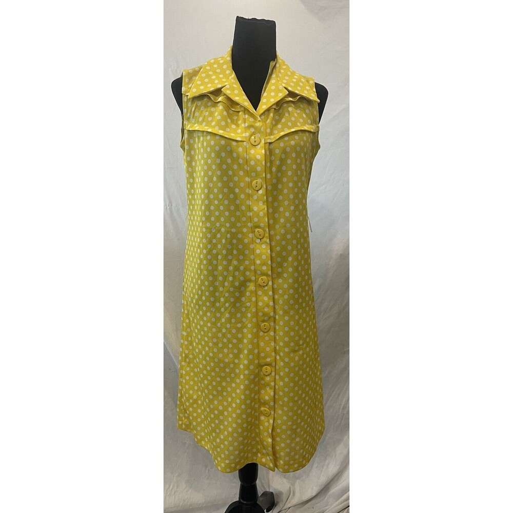Vintage 70s Yellow Polka Dot Shirt Dress Styled in California Mod Shift Size 14.